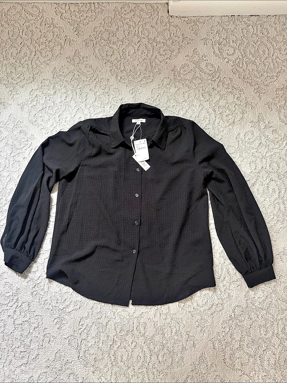 Max Studio Text Grid Button Front Collared Blouse Black Large NWT